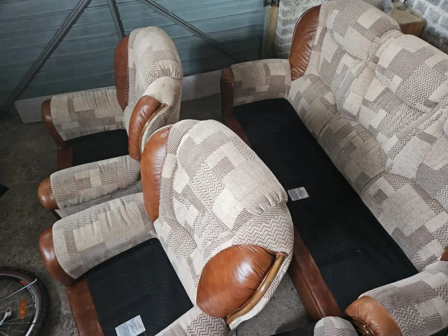 Beige and brown leather patch sofa