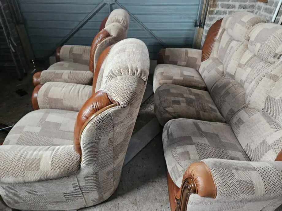 Beige and brown leather patch sofa