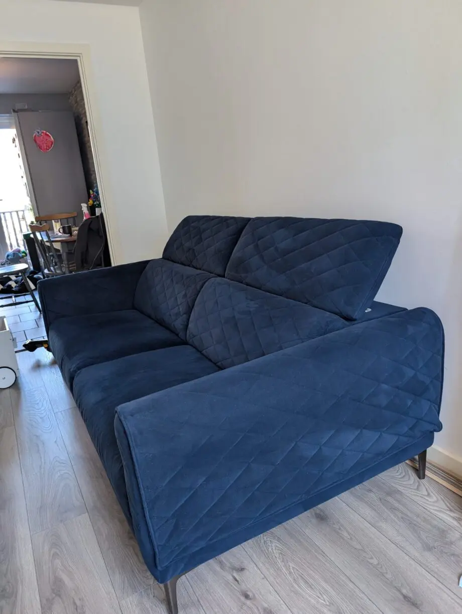 SCS Avanti Blue velvet 3 seater sofa with adjustable headrest