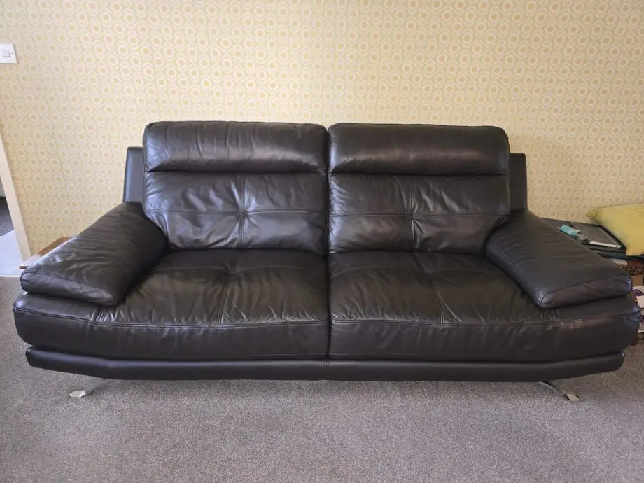 DFS Chocolate Brown Leather Sofa Set (3 & 2) with chrome feet