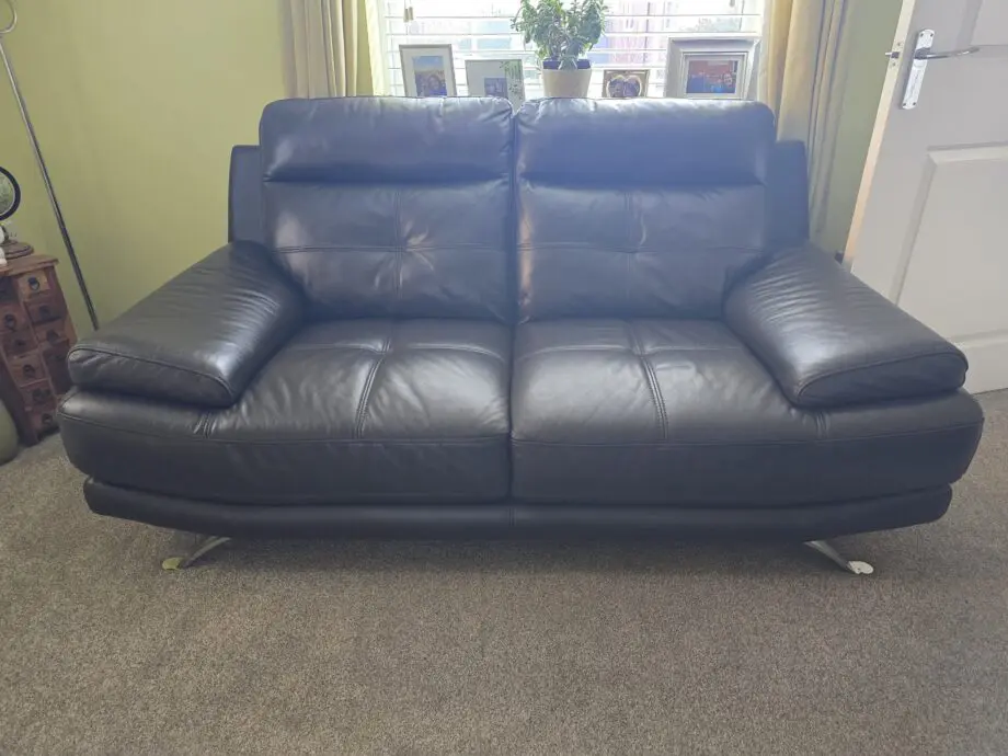 DFS Chocolate Brown Leather Sofa Set (3 & 2) with chrome feet