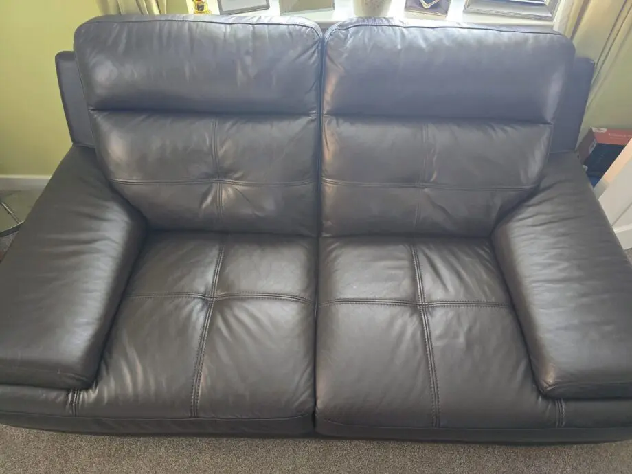 DFS Chocolate Brown Leather Sofa Set (3 & 2) with chrome feet