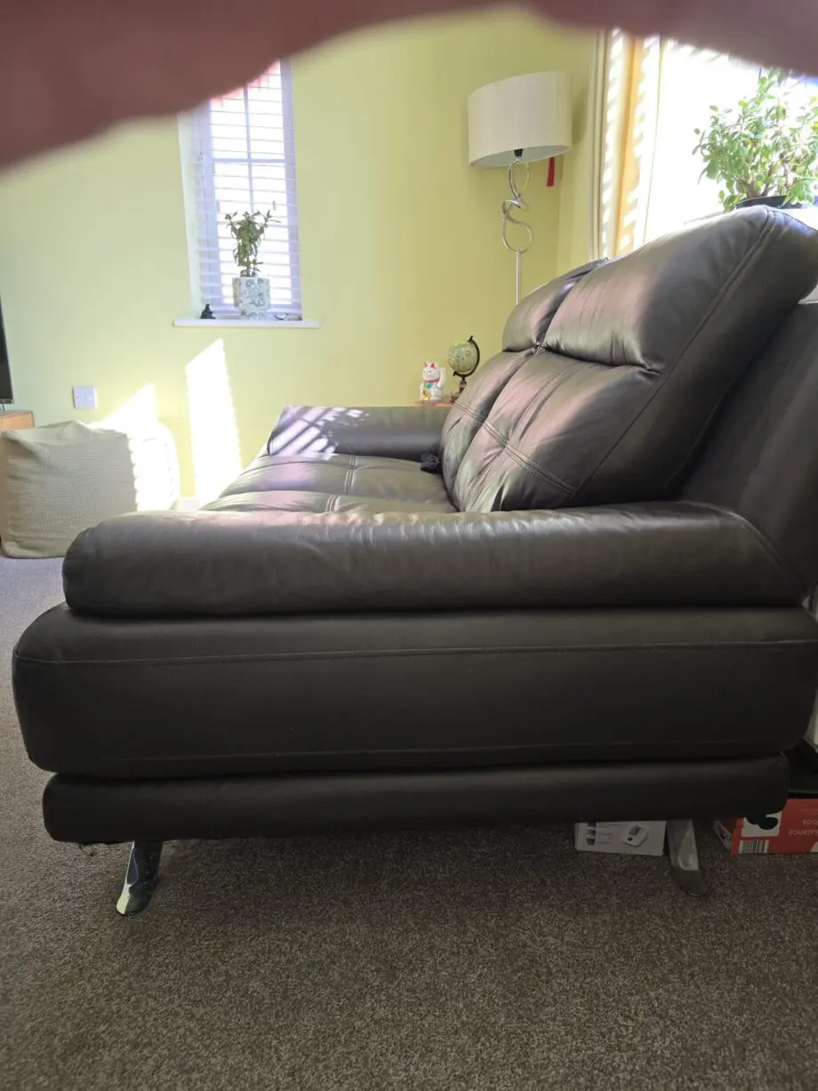 DFS Chocolate Brown Leather Sofa Set (3 & 2) with chrome feet