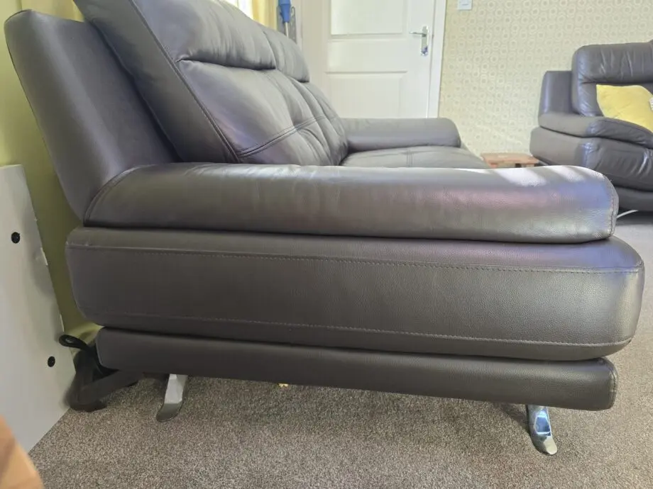 DFS Chocolate Brown Leather Sofa Set (3 & 2) with chrome feet