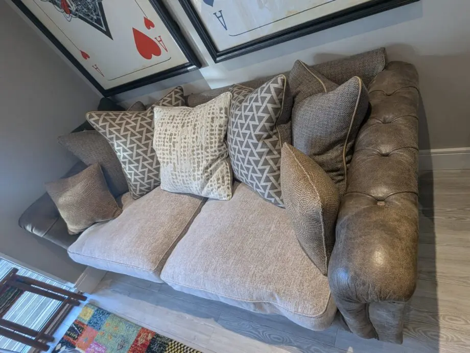 Taunton Brown Leather 3 Seater Sofa with Fabric Seat Cushions