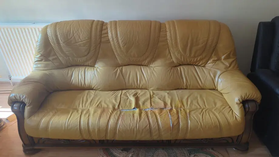 Solid oak leather 3 seater sofas with drawers