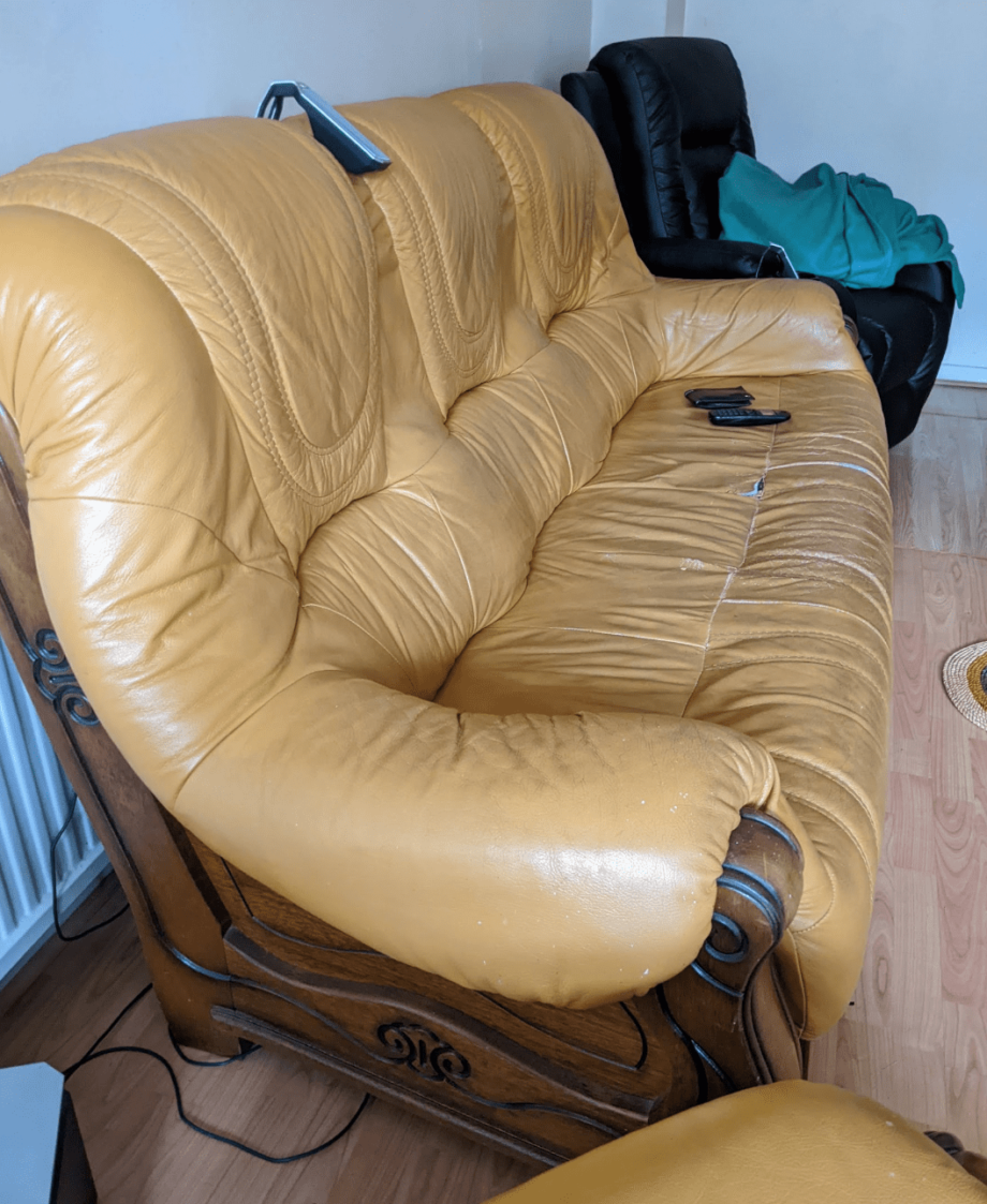 Solid oak leather 3 seater sofas with drawers