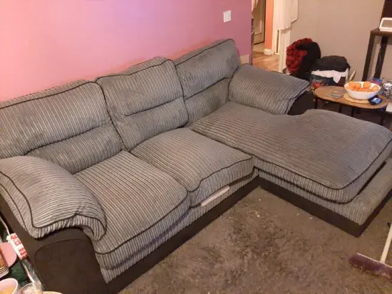 Jumbo cord Grey left hand corner sofa with matching footstool