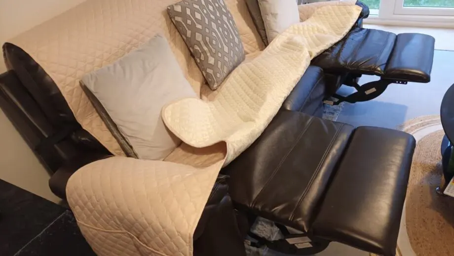 EASTER OFFER: Double recliner 3-seater brown faux leather sofa (ARGOS) with sofa cover.