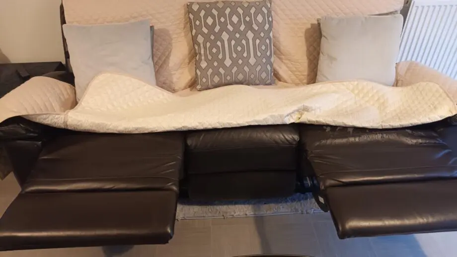 EASTER OFFER: Double recliner 3-seater brown faux leather sofa (ARGOS) with sofa cover.