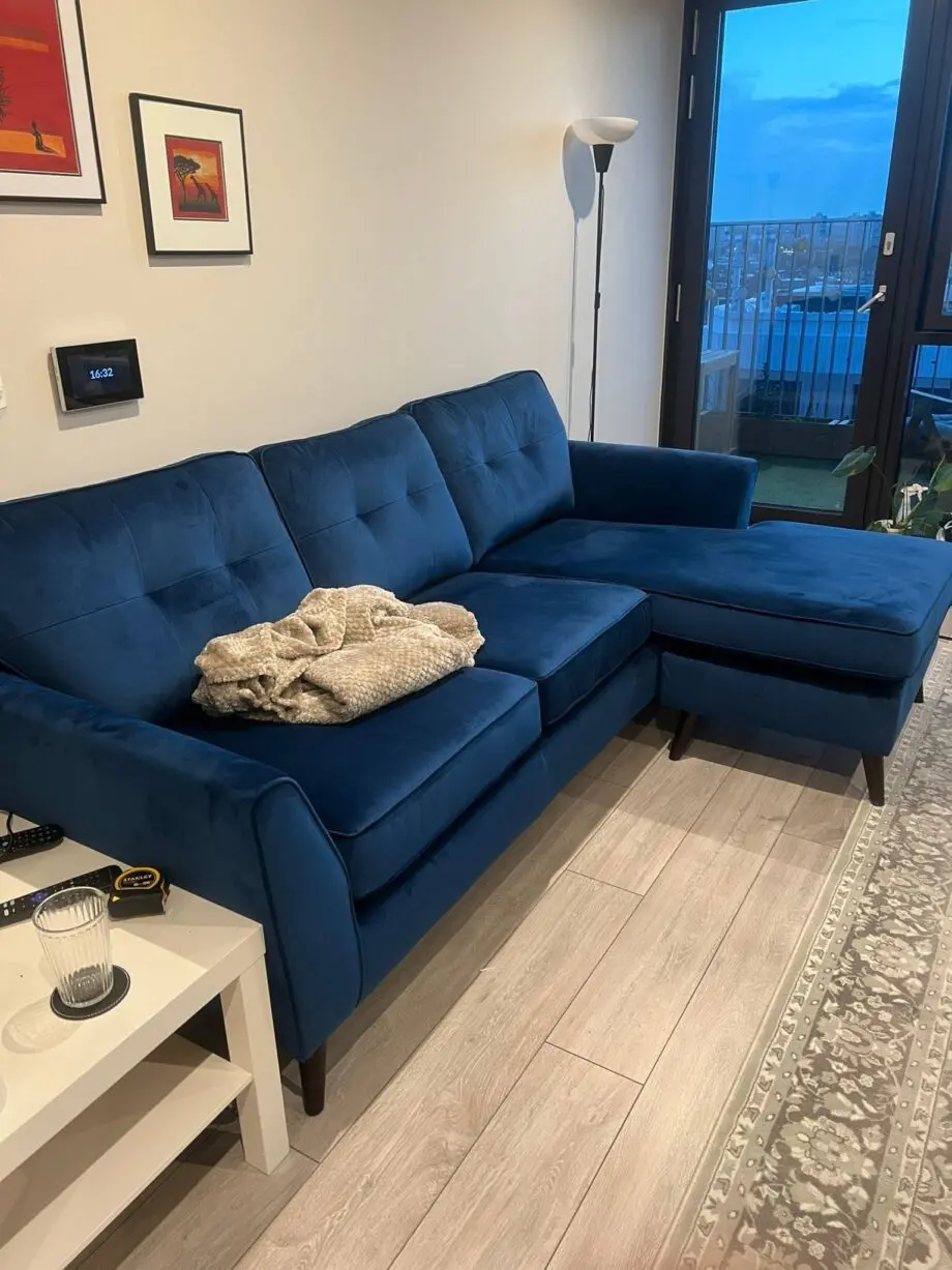 DFS Navy Blue Velvet Corner Sofa