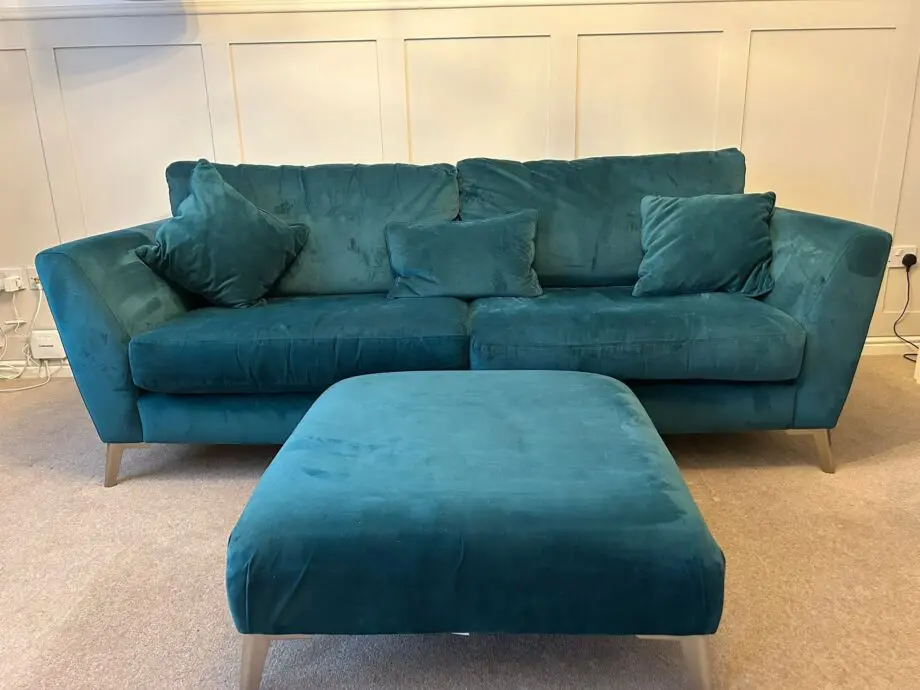 DFS Velvet Teal ‘The Libby’ 3 seater sofa and footstool