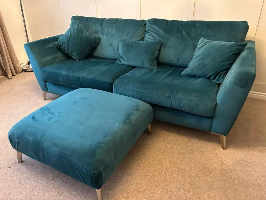 DFS Velvet Teal ‘The Libby’ 3 seater sofa and footstool