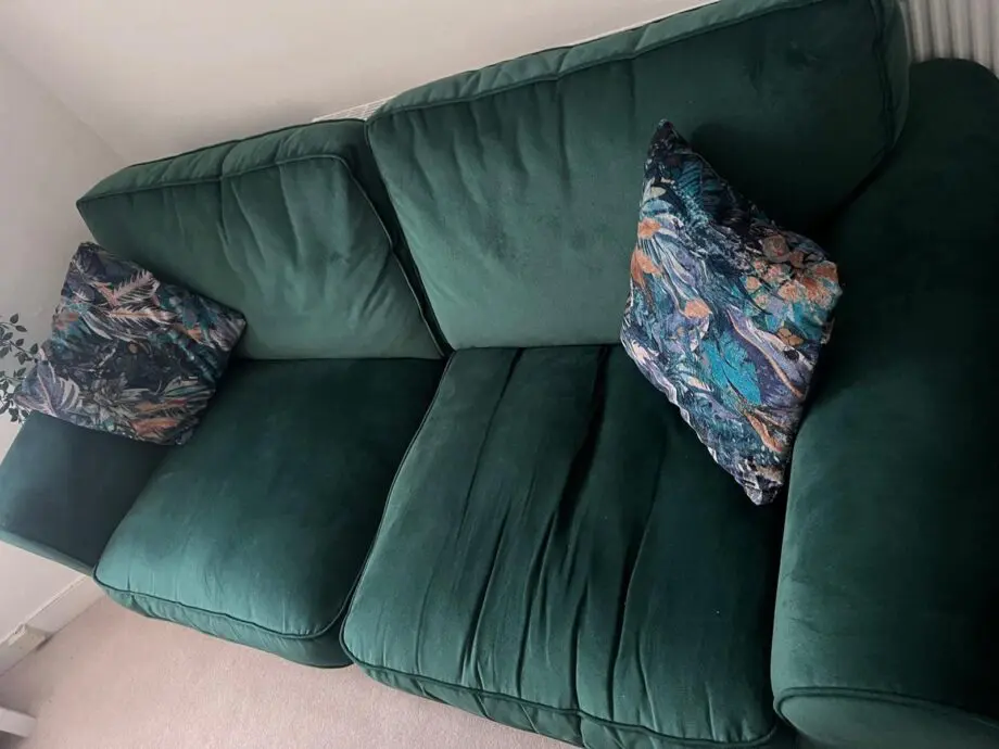Brand new DFS sofas for sale premium quality barley used in a excellent condition gorgeous green sofas and 1 seater sofa which is brown with a little green table of the set