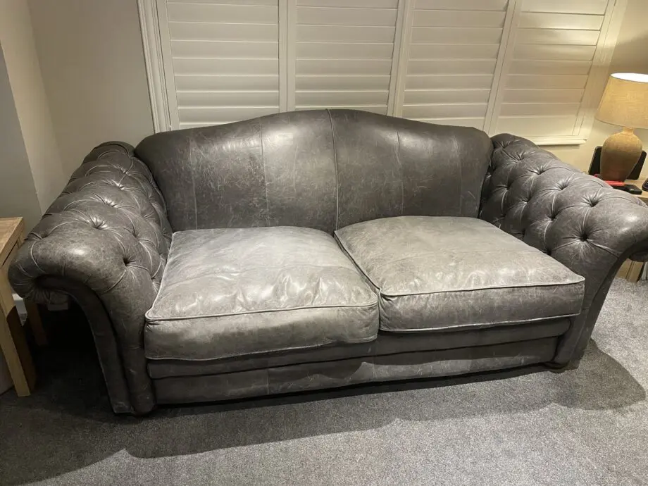DFS grey leather 3 seater sofa
