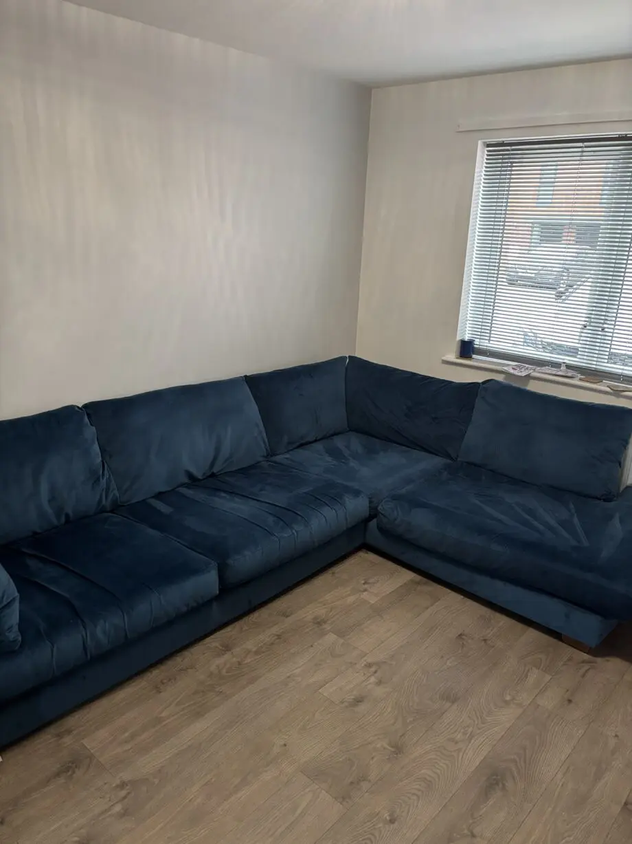 DFS Kaizer blue snug velvetleft hand facing corner sofa