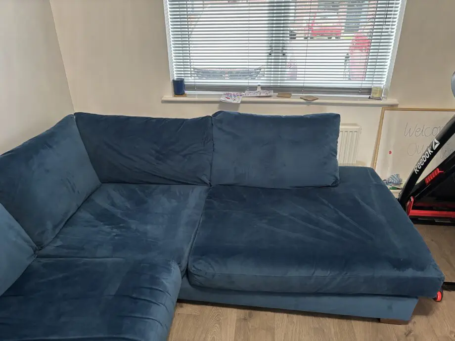 DFS Kaizer blue snug velvetleft hand facing corner sofa