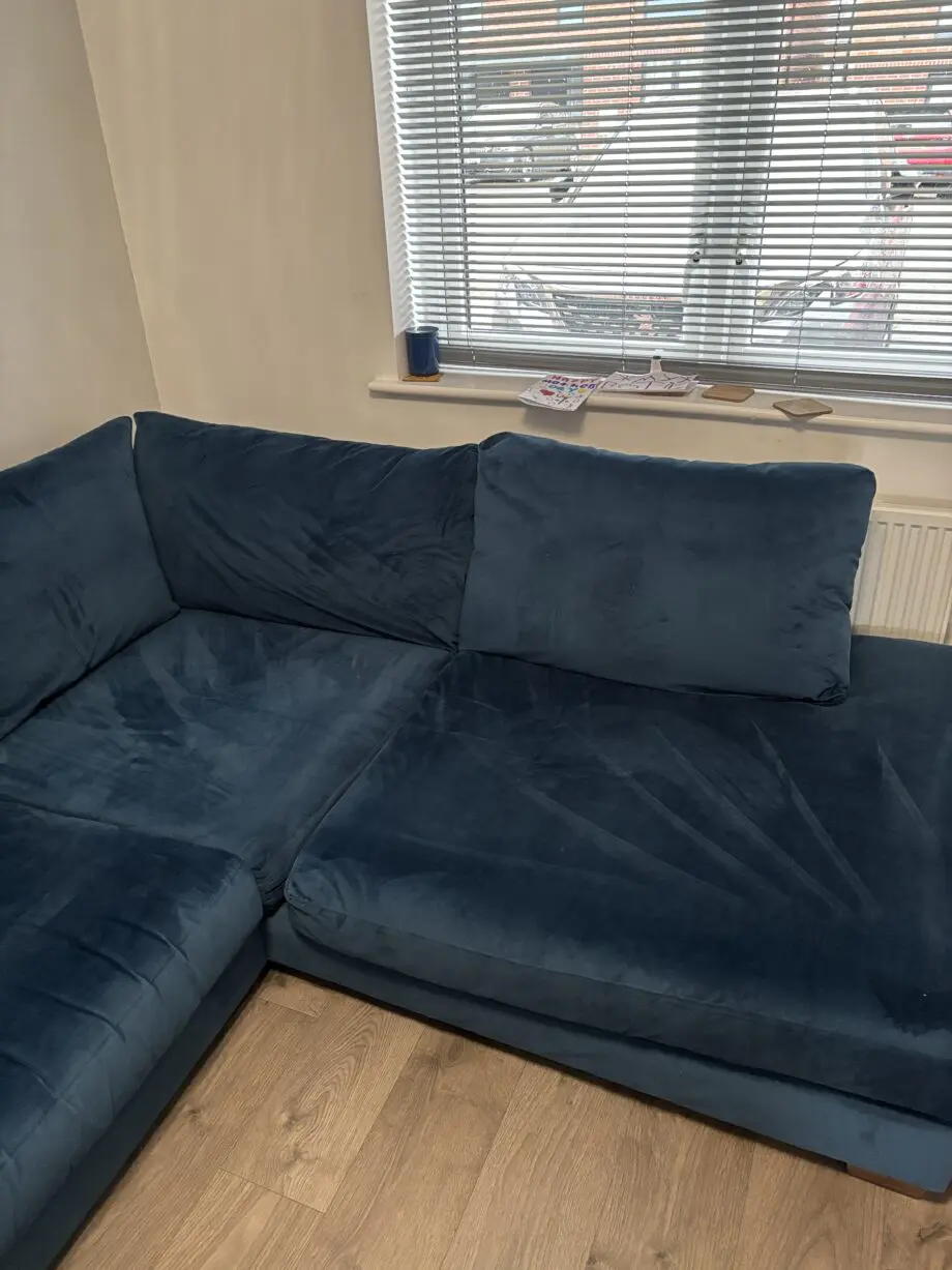 DFS Kaizer blue snug velvetleft hand facing corner sofa