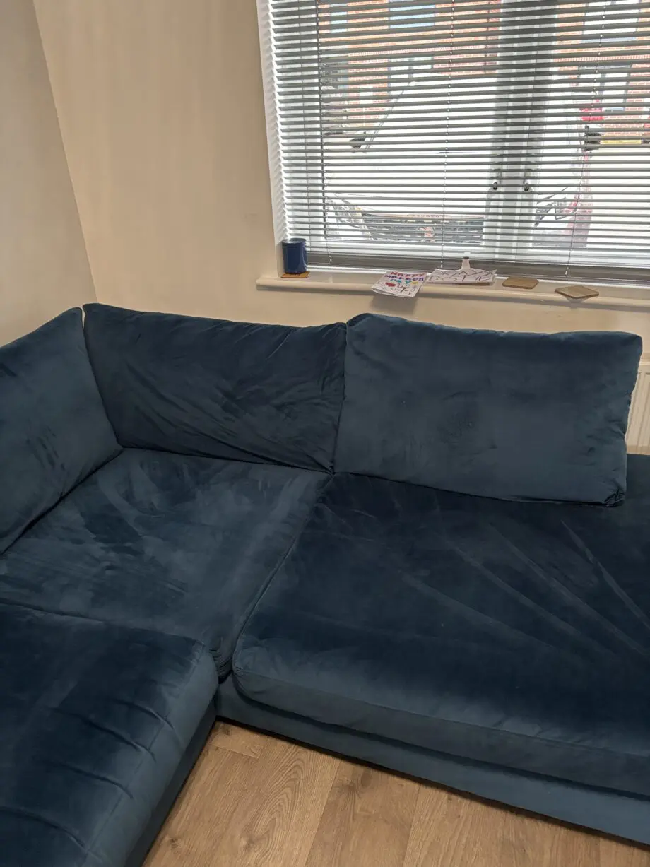 DFS Kaizer blue snug velvetleft hand facing corner sofa