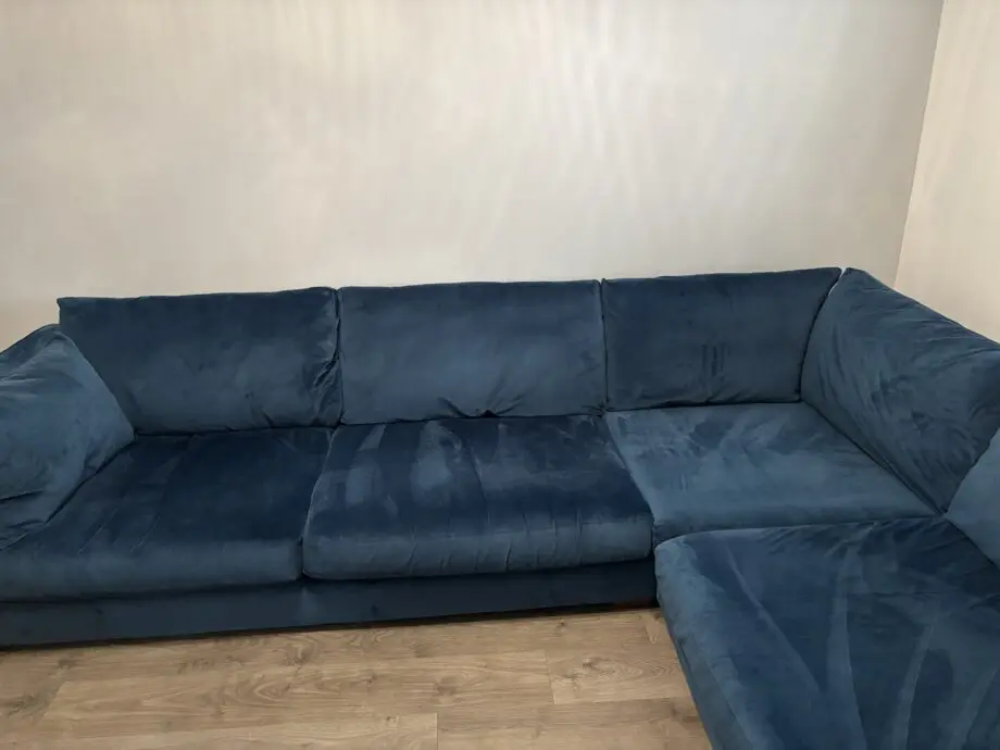 DFS Kaizer blue snug velvetleft hand facing corner sofa