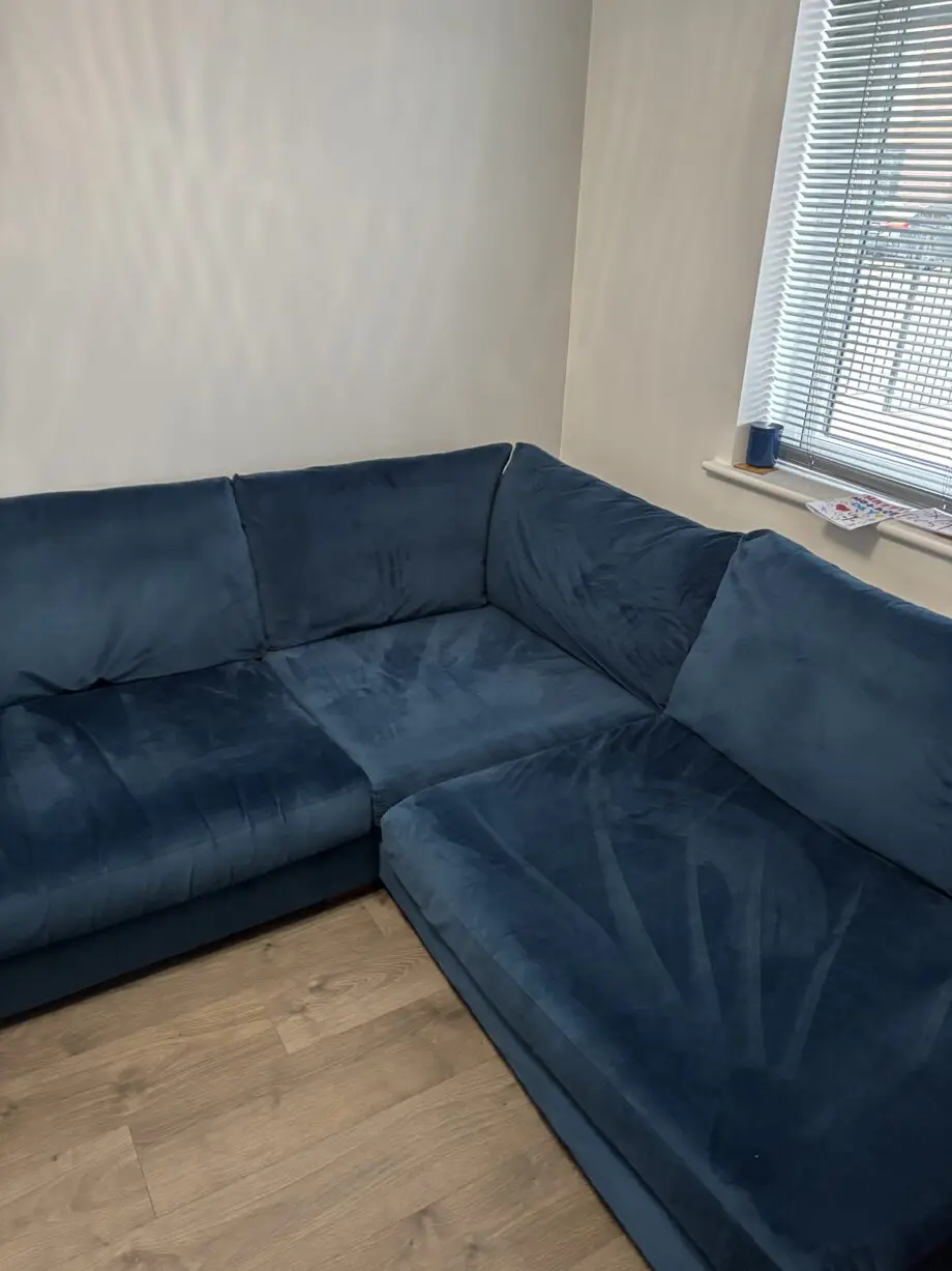 DFS Kaizer blue snug velvetleft hand facing corner sofa