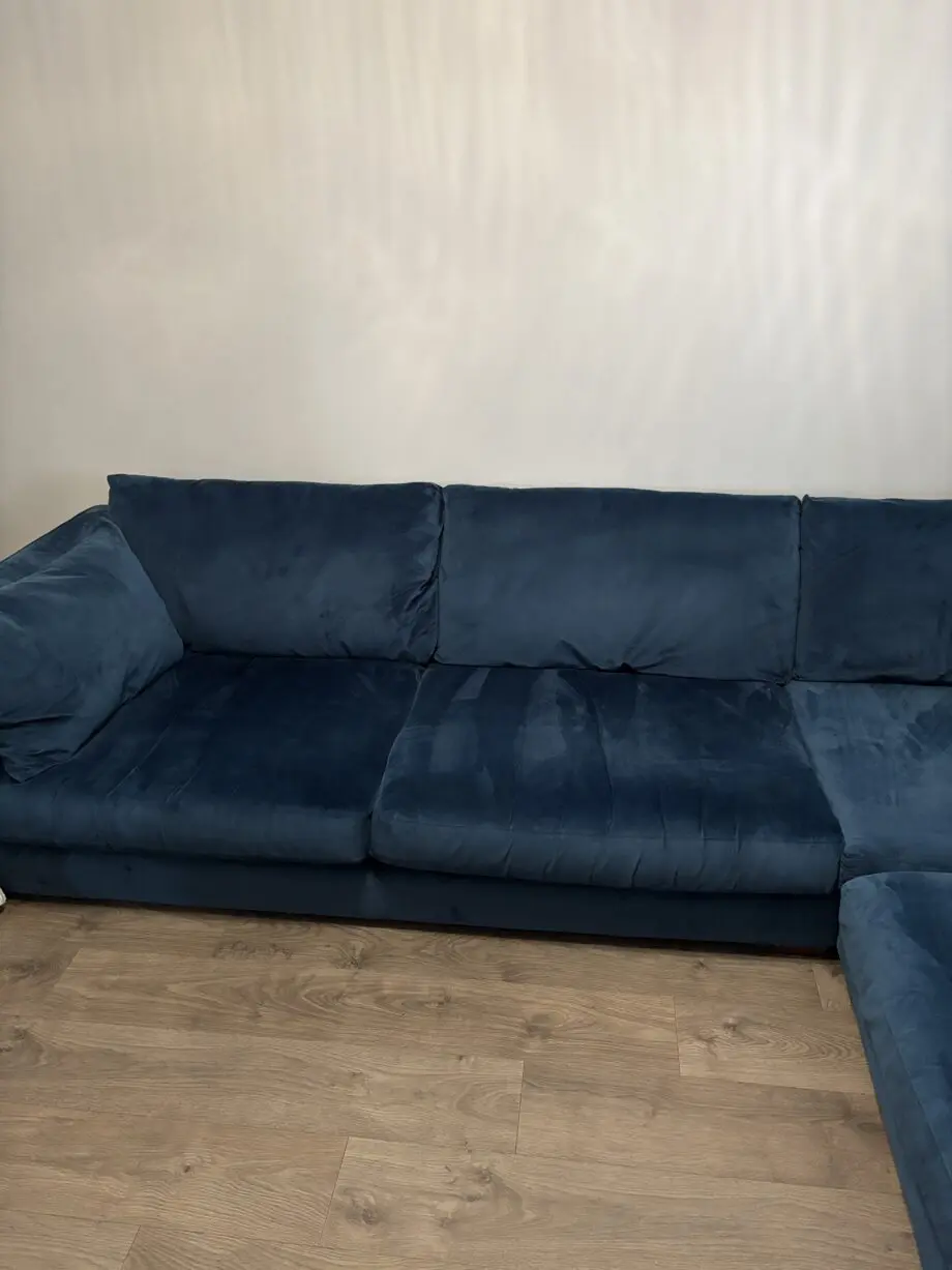 DFS Kaizer blue snug velvetleft hand facing corner sofa