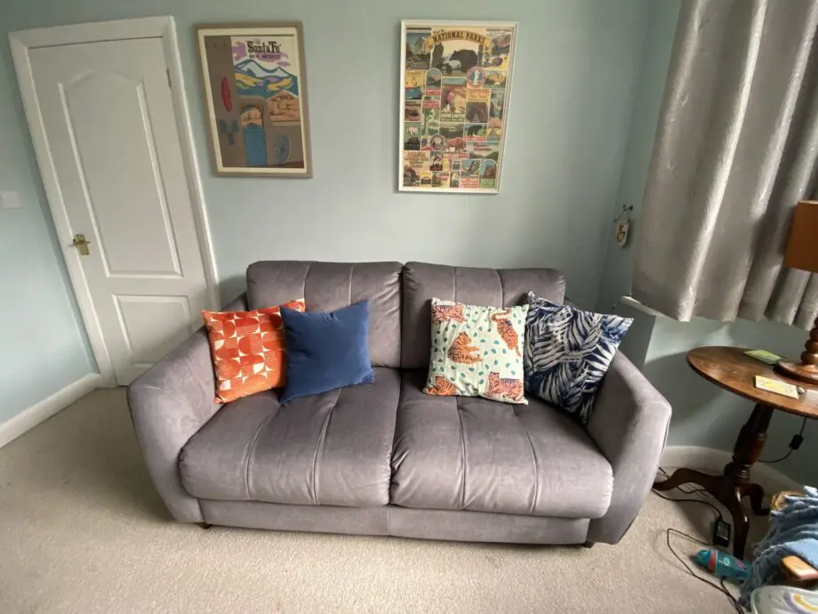 G Plan Vintage range + grey velvet + 2 seater sofa