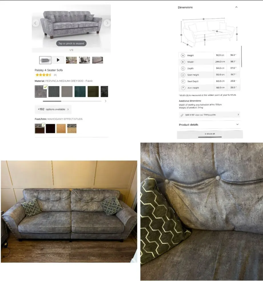 Paisley grey studded sofas and Banquet foot stall