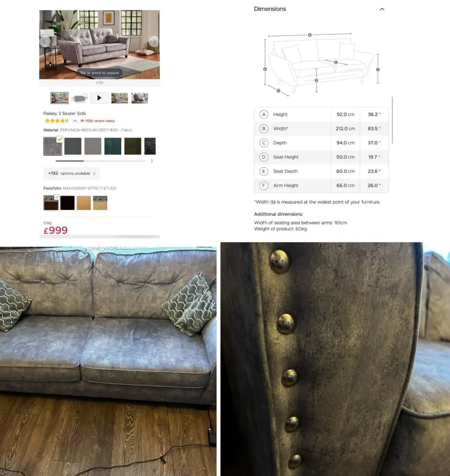 Paisley grey studded sofas and Banquet foot stall