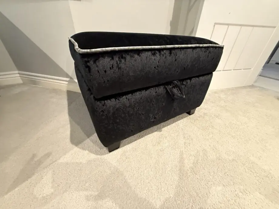 DFS Black crushed velvet 3 seater sofa Bed with arm chair and footstall
