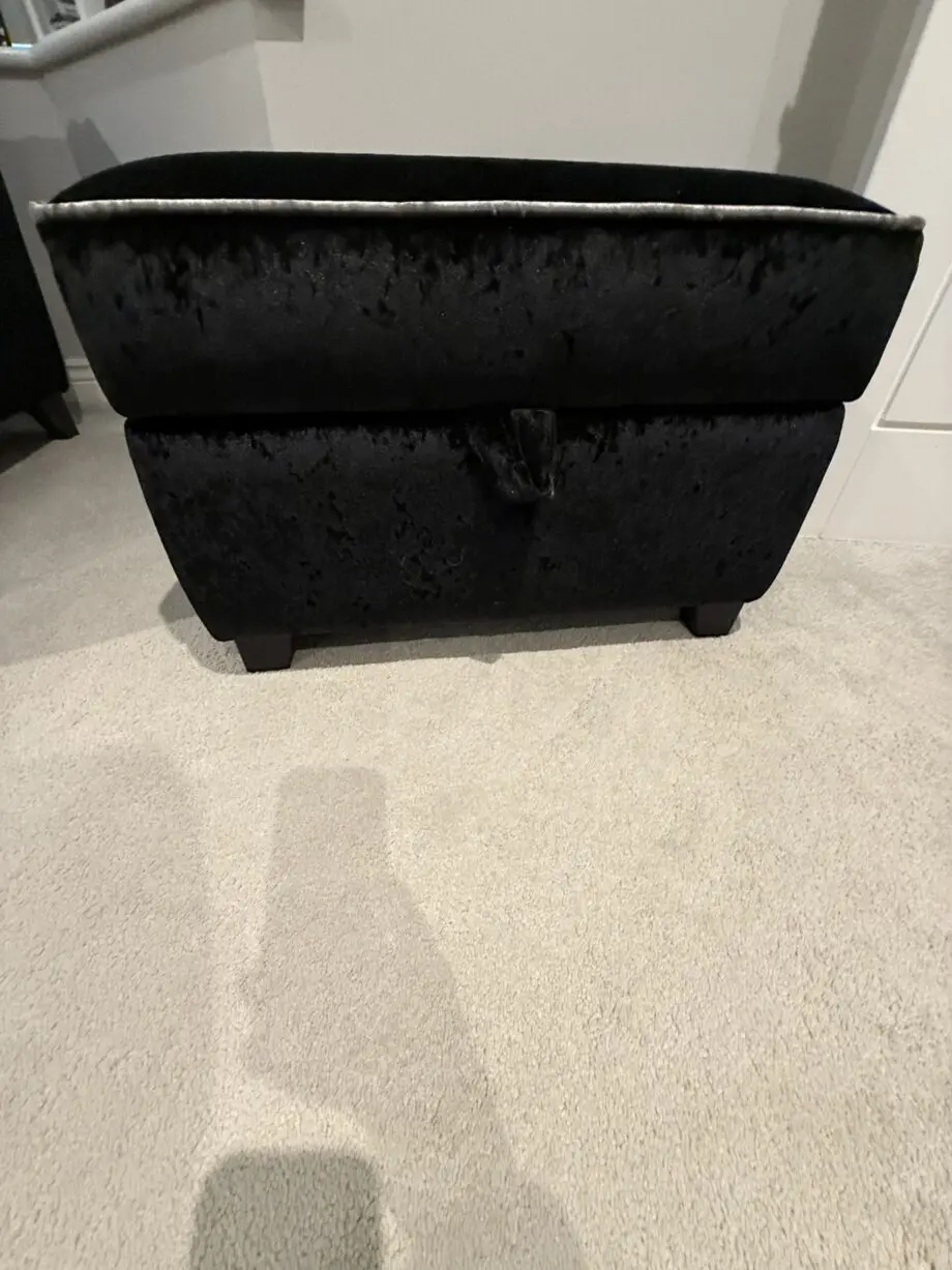 DFS Black crushed velvet 3 seater sofa Bed with arm chair and footstall