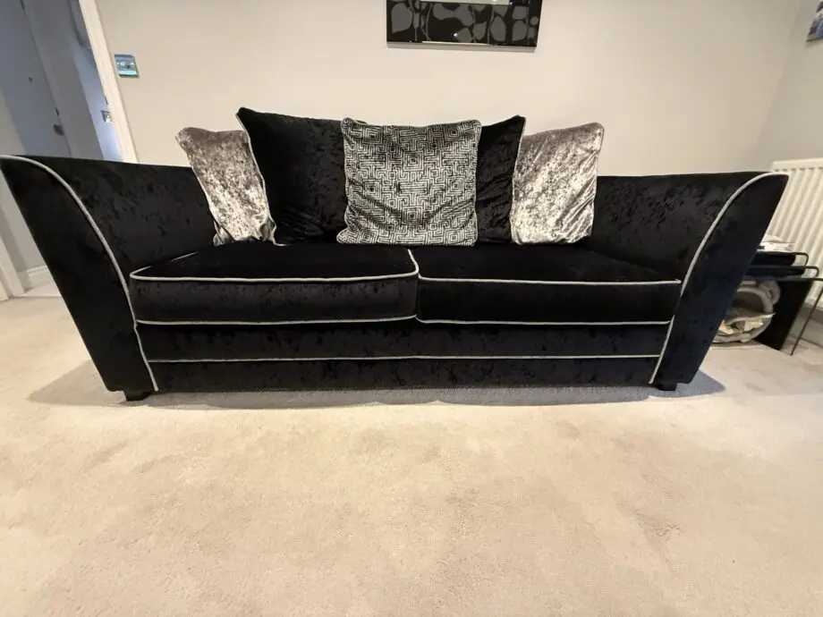 DFS Black crushed velvet 3 seater sofa Bed with arm chair and footstall