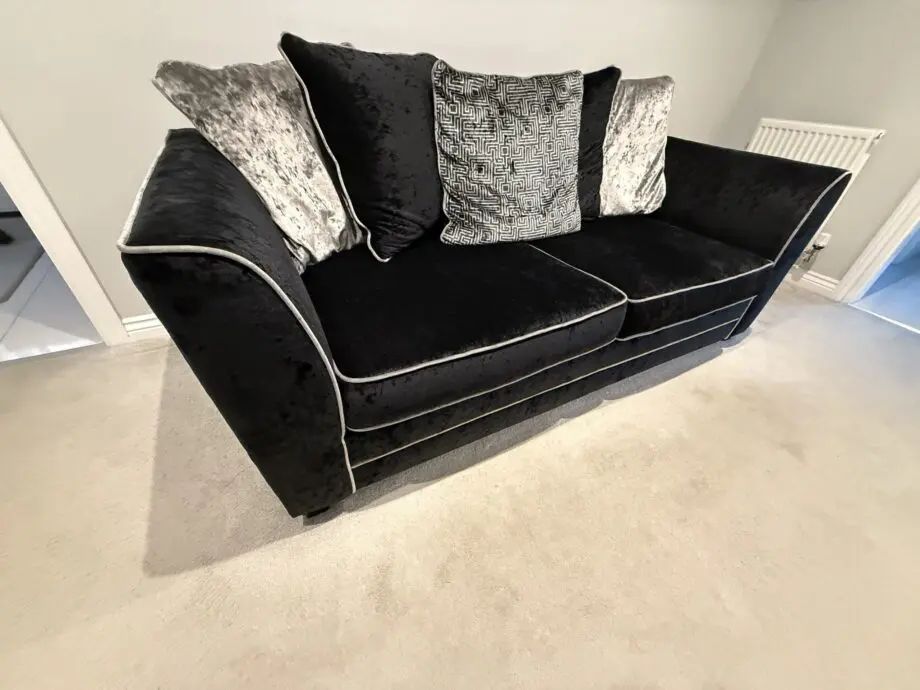 DFS Black crushed velvet 3 seater sofa Bed with arm chair and footstall