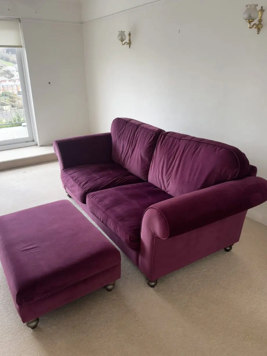 Large Purple velvet sofa and footstool