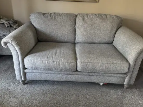 DFS Woodstock in grey sofa and 2x wingback pattern grey chairs