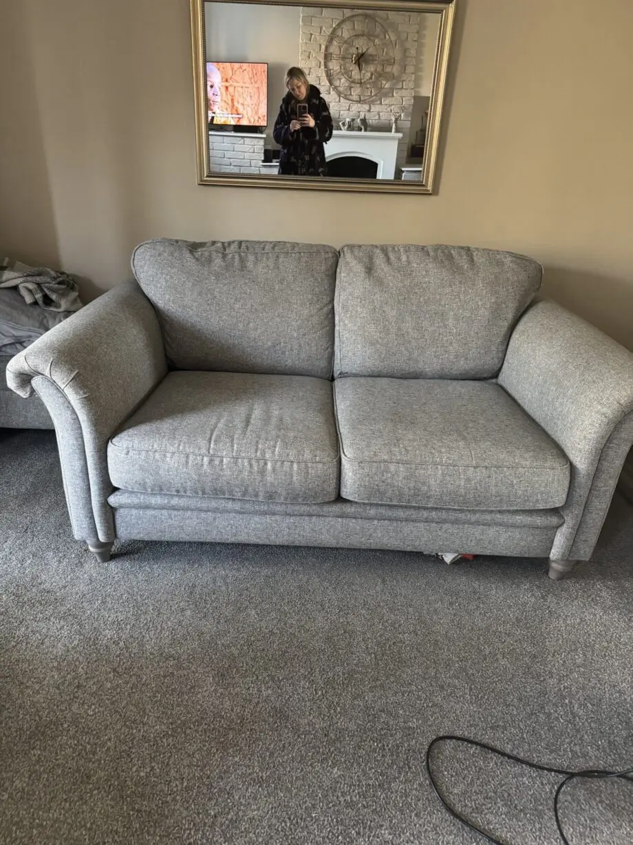 DFS Woodstock in grey sofa and 2x wingback pattern grey chairs