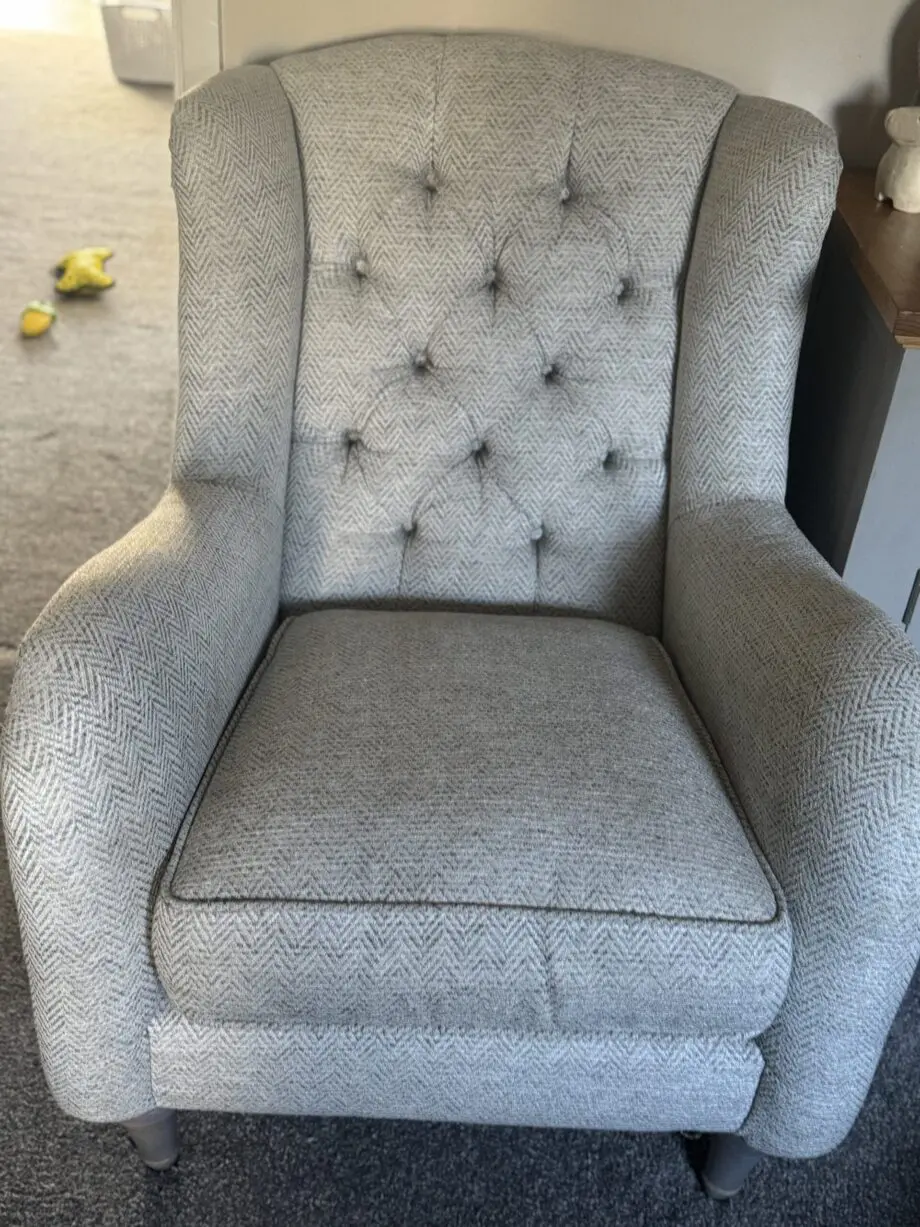 DFS Woodstock in grey sofa and 2x wingback pattern grey chairs