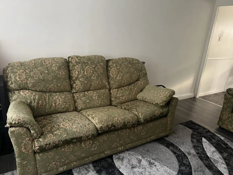 Green and beige 3 seater sofa and arm chair