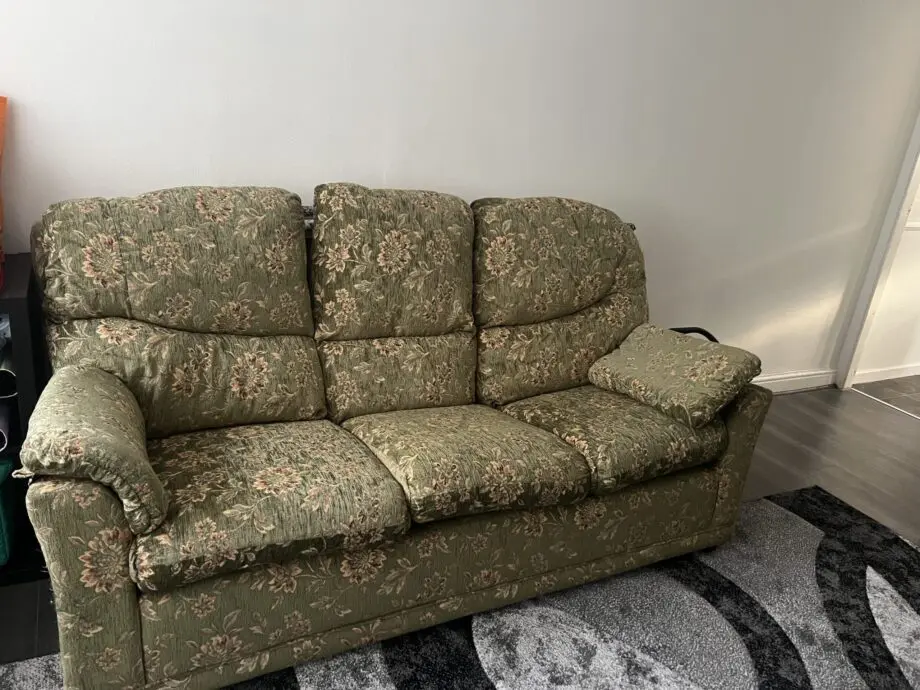 Green and beige 3 seater sofa and arm chair