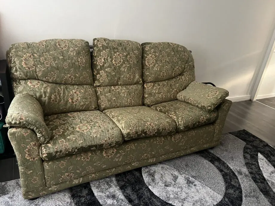 Green and beige 3 seater sofa and arm chair