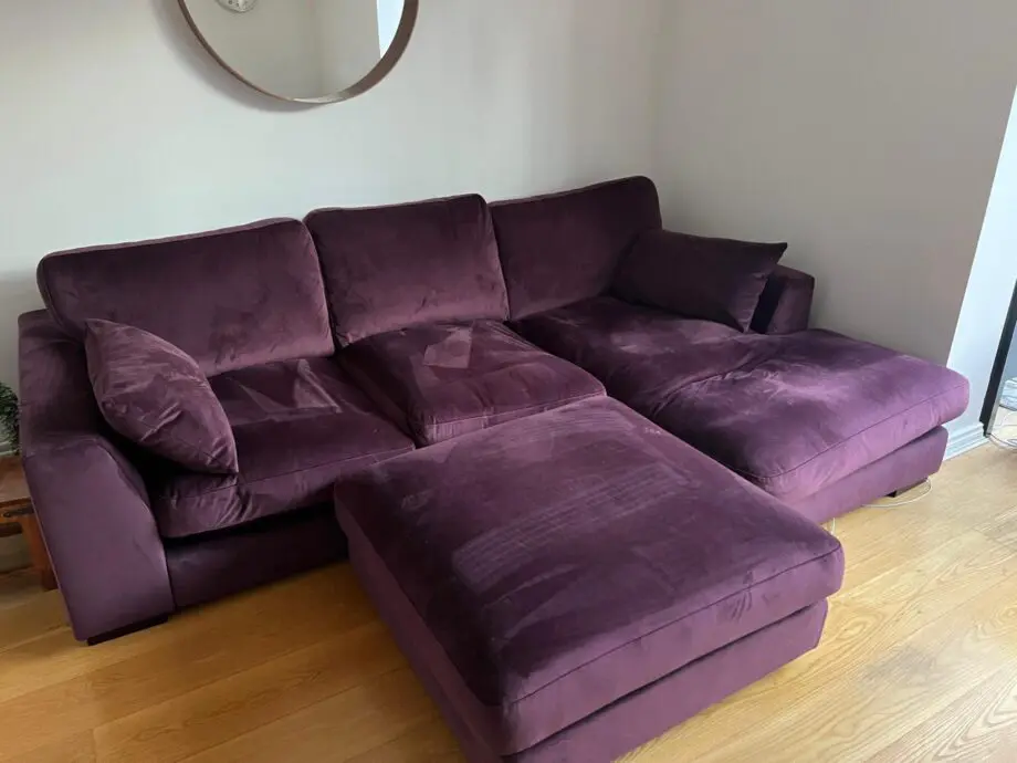 DFS Plush Velvet Formal Back Right Hand Facing Small Chaise End Sofa Large Footstool Aubergine