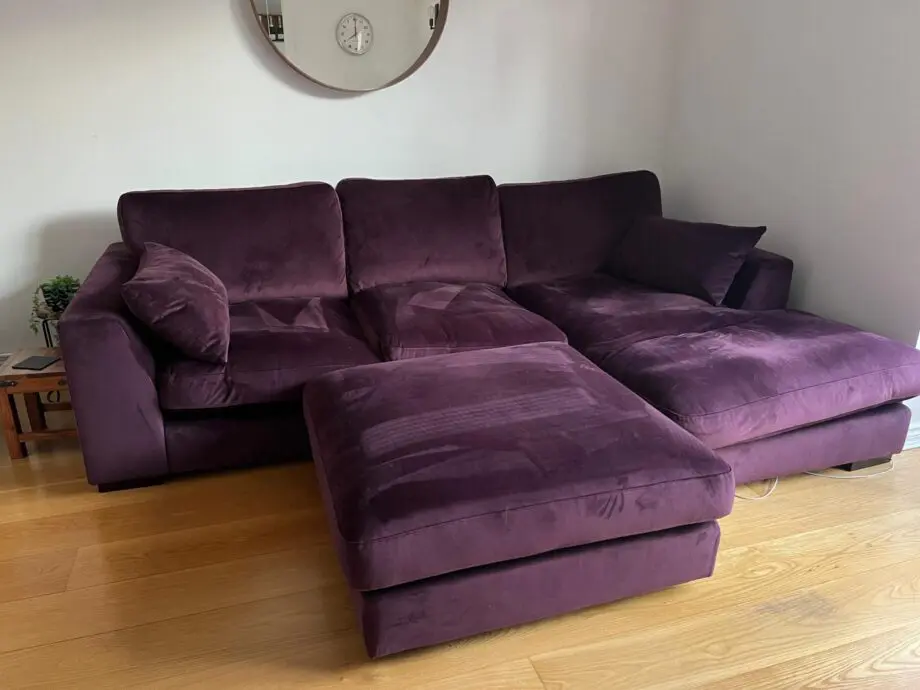 DFS Plush Velvet Formal Back Right Hand Facing Small Chaise End Sofa Large Footstool Aubergine