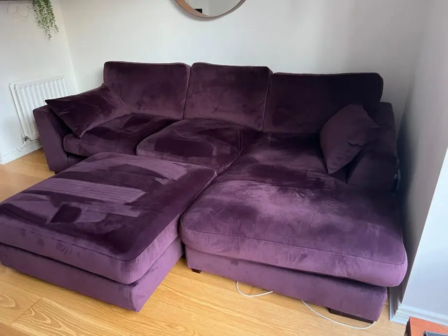 DFS Plush Velvet Formal Back Right Hand Facing Small Chaise End Sofa Large Footstool Aubergine