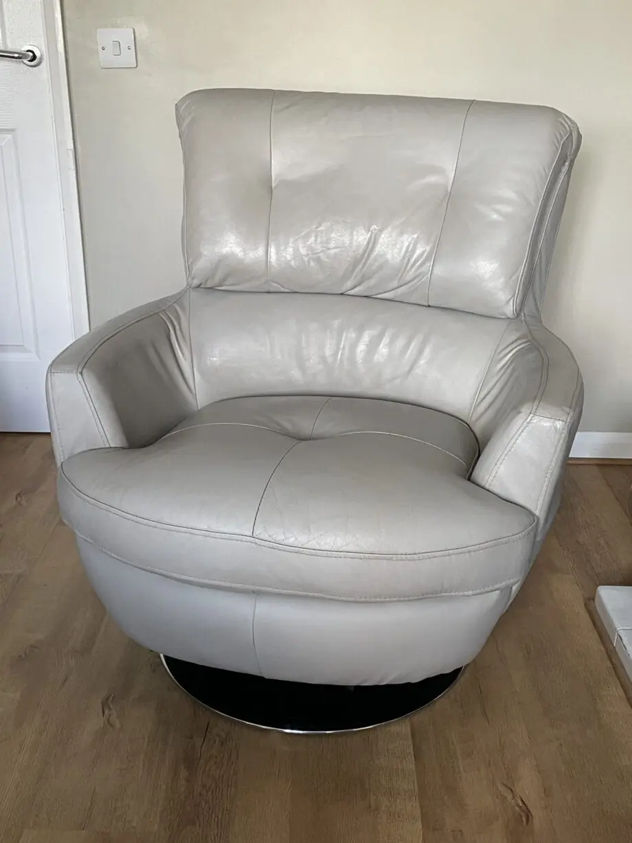 Furniture village, grey leather, 2 seater sofa, armchair & footstool