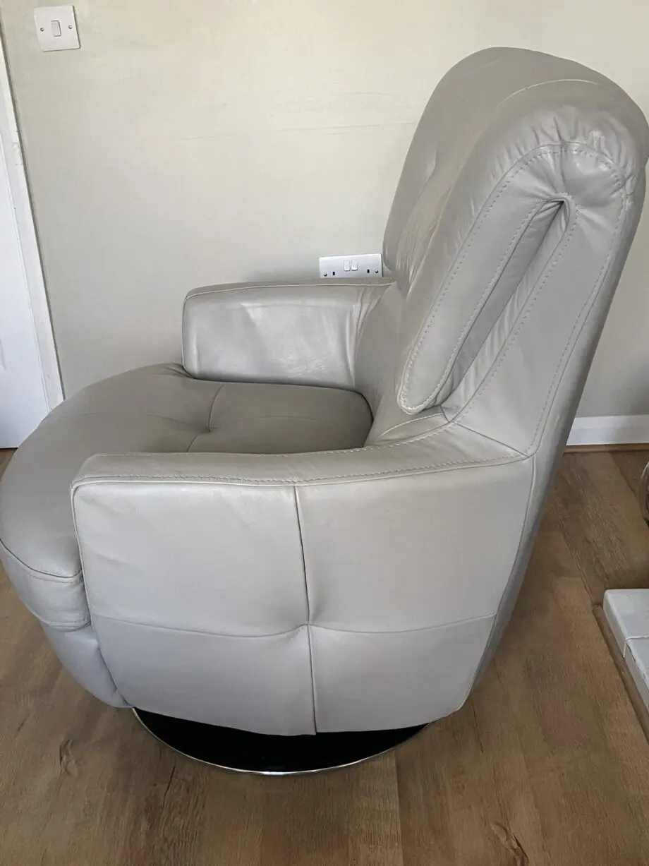 Furniture village, grey leather, 2 seater sofa, armchair & footstool