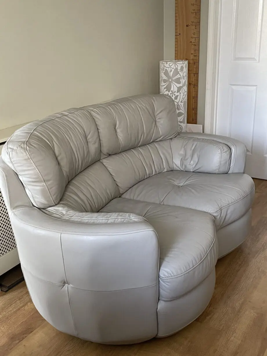 Furniture village, grey leather, 2 seater sofa, armchair & footstool