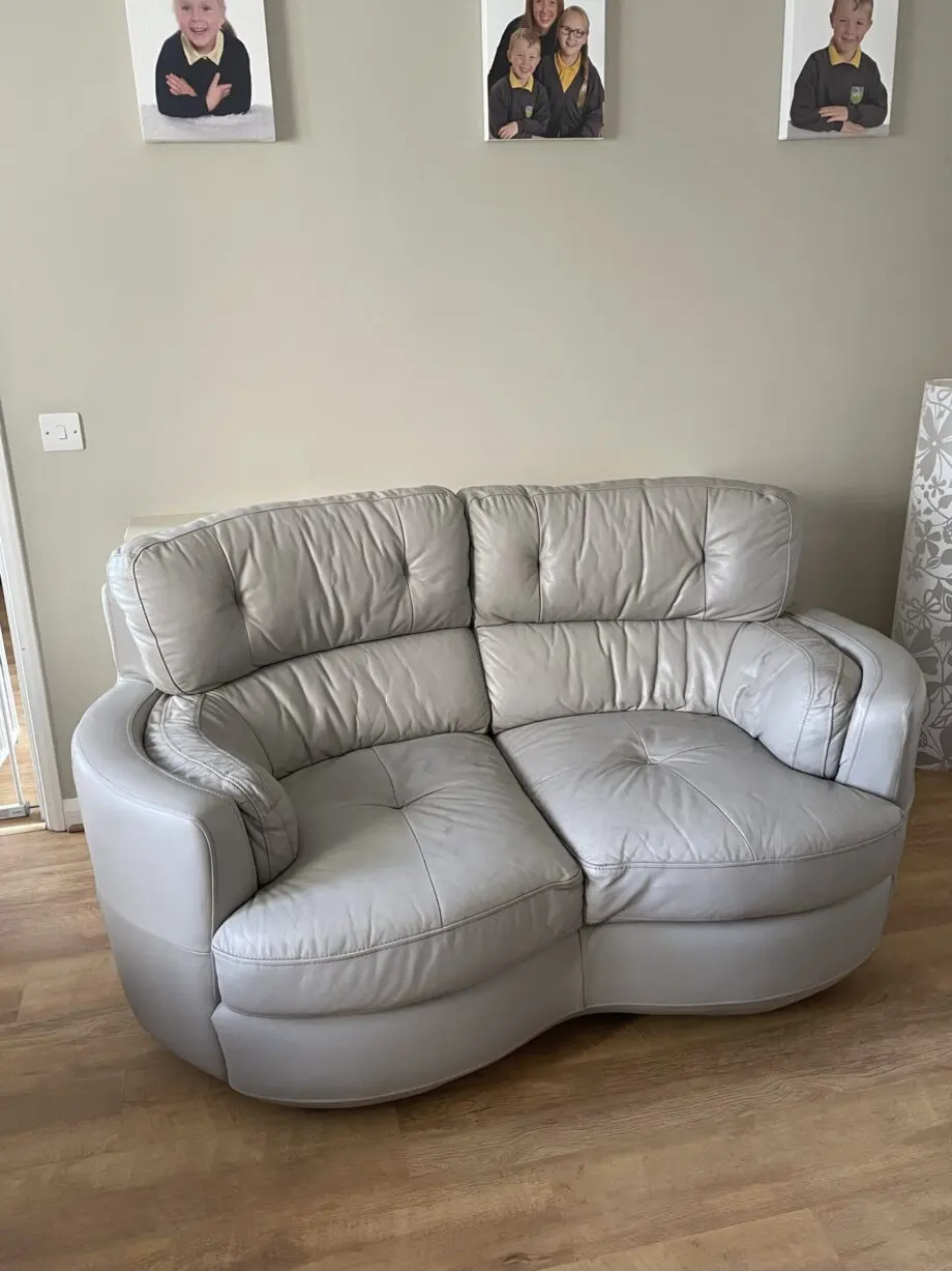 Furniture village, grey leather, 2 seater sofa, armchair & footstool