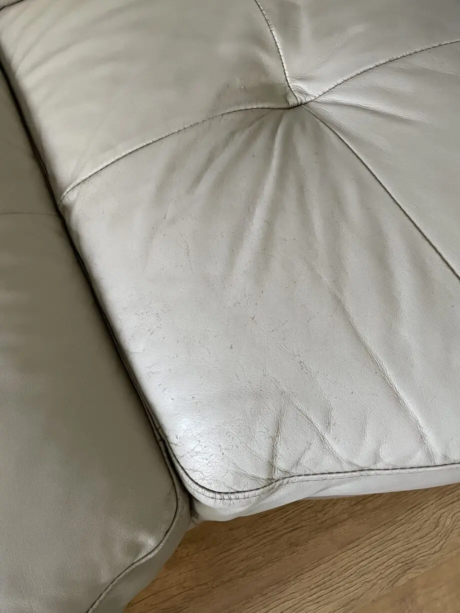 Furniture village, grey leather, 2 seater sofa, armchair & footstool