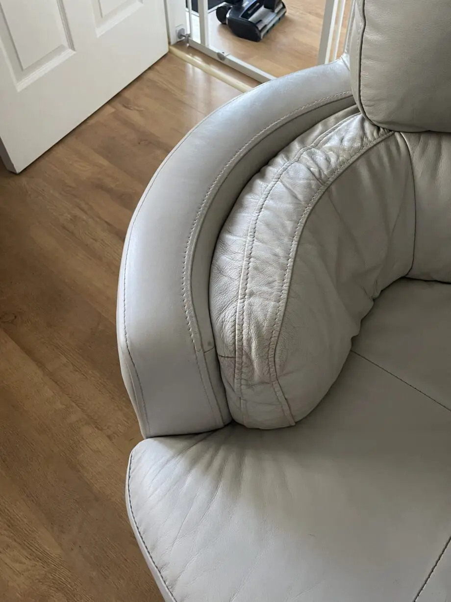 Furniture village, grey leather, 2 seater sofa, armchair & footstool