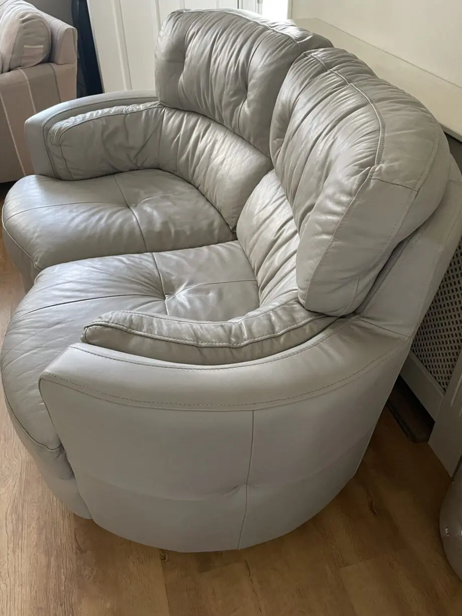 Furniture village, grey leather, 2 seater sofa, armchair & footstool